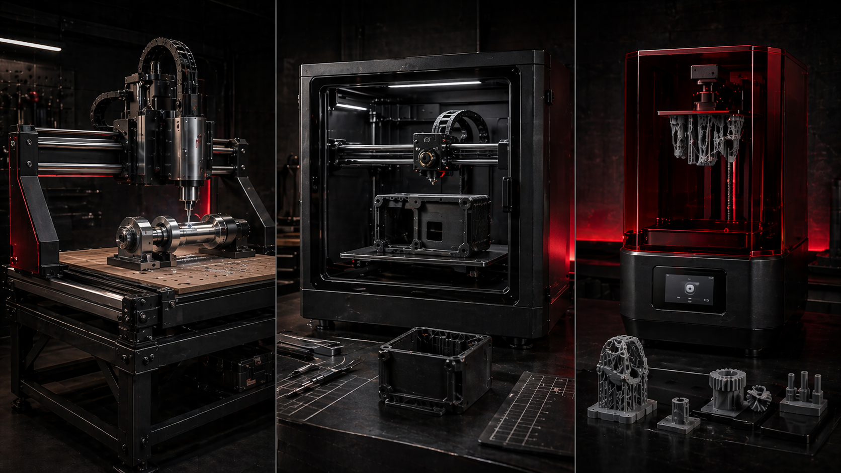 Three-panel prototyping capability image showing CNC routing with rotary axis, enclosed FDM printing, and resin printing