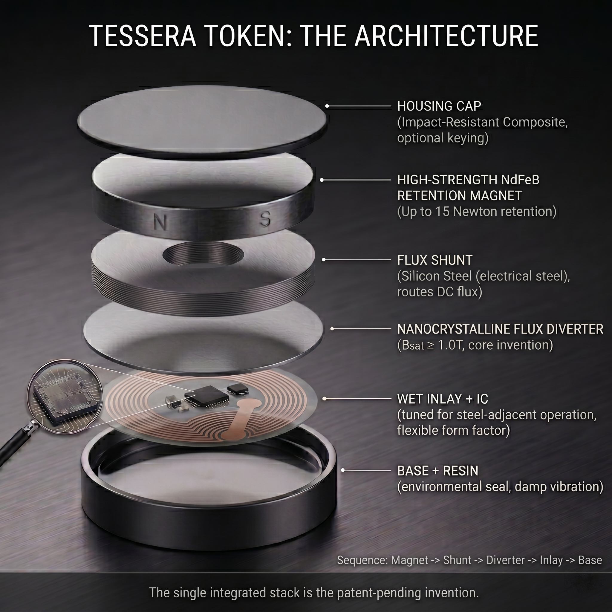 Tessera Token exploded architecture diagram showing six-layer stack: housing cap, NdFeB retention magnet, silicon steel flux shunt, nanocrystalline flux diverter (Bsat ≥ 1.0T), Wet Inlay + IC, and base with resin encapsulant