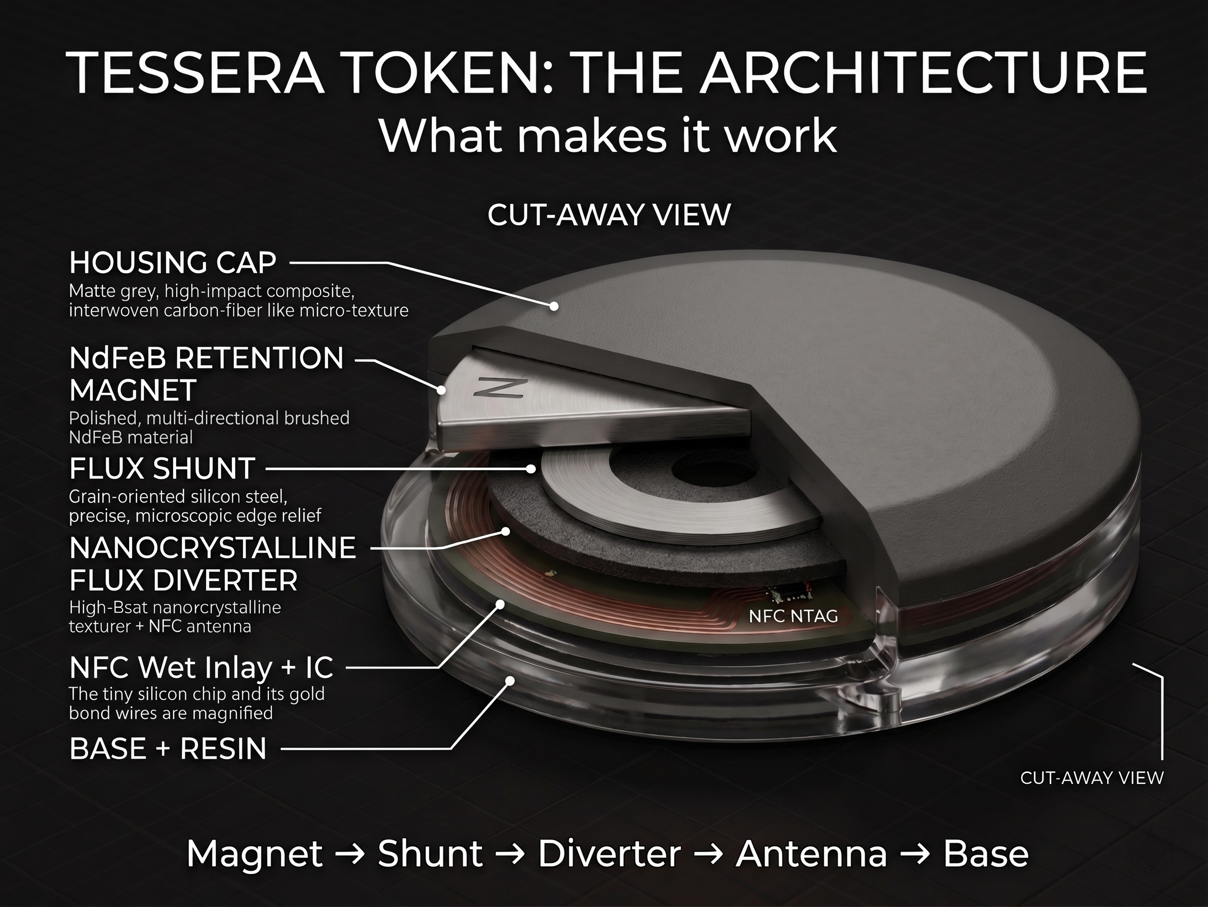 Cut-away cross-section of the Tessera Token showing internal layer stack: housing cap, NdFeB retention magnet, silicon steel flux shunt, nanocrystalline flux diverter, Wet Inlay + IC, and base with resin encapsulant